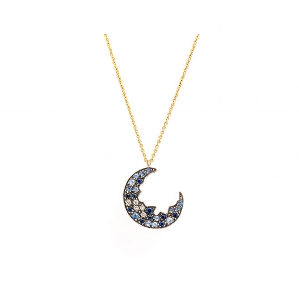 broken moon necklace sapphires white diamonds gold