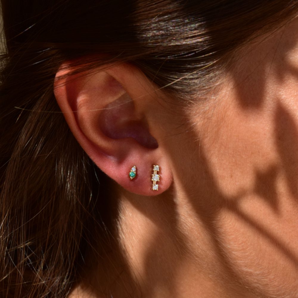 gia tiny earrings emeralds white diamonds gold studs