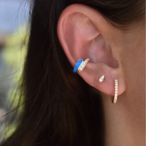 echo iris earcuff gold white diamonds enamel capri blue