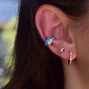 echo iris earcuff gold white diamonds enamel capri blue
