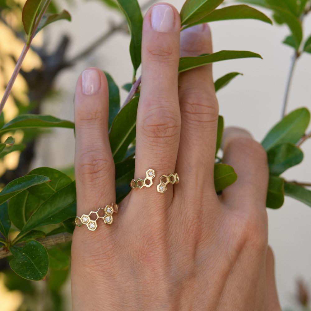 nectar ring honeycombs gold white diamonds alveare jewelry