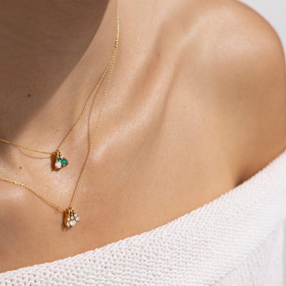 gia double necklace white diamonds emeralds gold