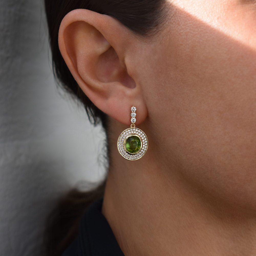 one of a kind earrings white diamonds tourmalines gold alveare jewelry